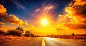 puesta sol carretera calor