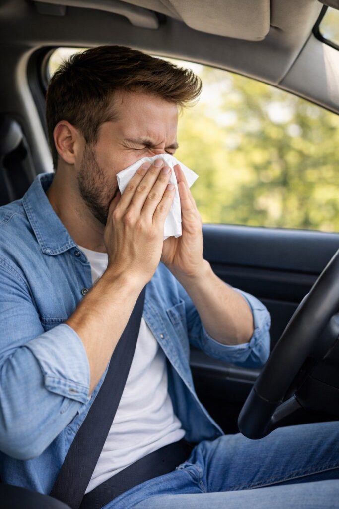 Conductor-sufriendo-efectos-de-la-alergia-al-polen-