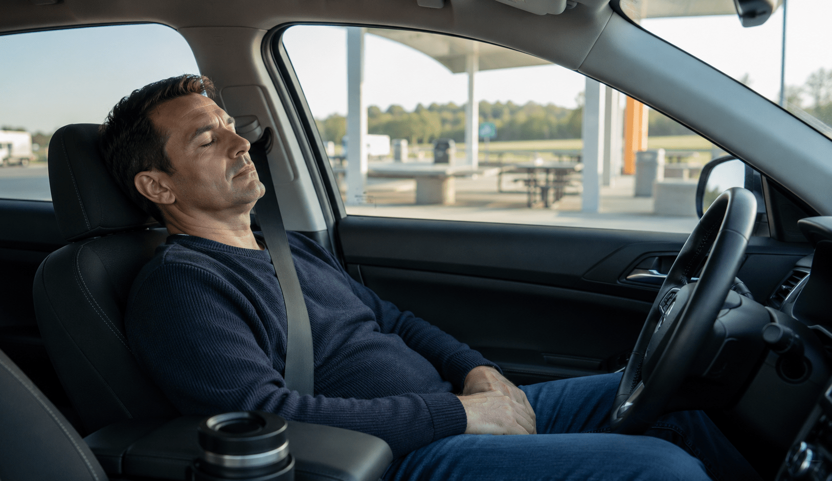 Conductor descansando antes de iniciar un viaje para evitar la somnolencia al volante