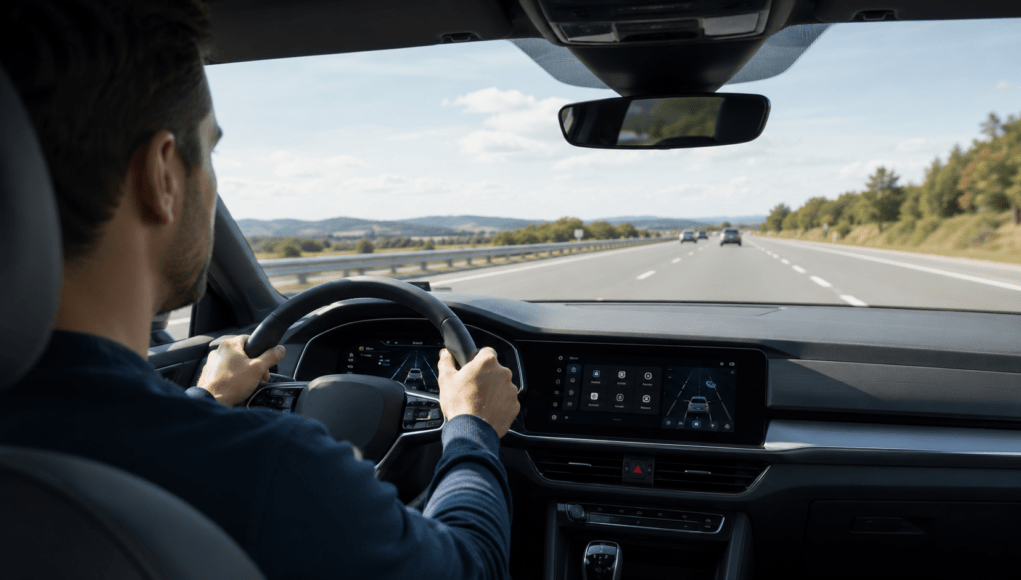Conductor al volante de un vehículo moderno con sistemas avanzados de seguridad y asistencia a la conducción Conductor al volante de un vehículo moderno con sistemas avanzados de seguridad y asistencia a la conducción