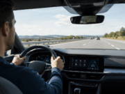 Conductor al volante de un vehículo moderno con sistemas avanzados de seguridad y asistencia a la conducción