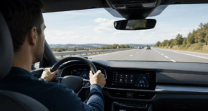 Conductor al volante de un vehículo moderno con sistemas avanzados de seguridad y asistencia a la conducción
