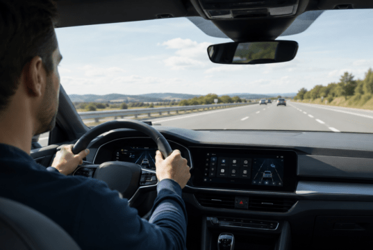 Conductor al volante de un vehículo moderno con sistemas avanzados de seguridad y asistencia a la conducción