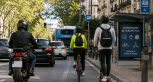 Motorista, ciclista y usuario de patinete circulando en entorno urbano con tráfico y elementos de protección