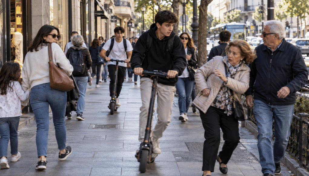 VMP CIRCULANDO POR ACERA Patinetes eléctricos circulando por una acera entre peatones en un entorno urbano, ejemplo de conflicto de convivencia y seguridad vial en la ciudad.