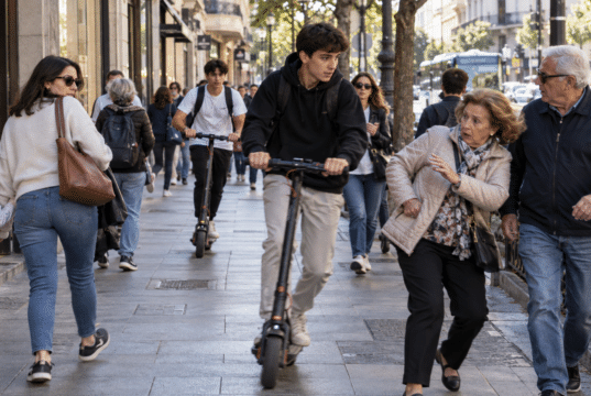 Patinetes eléctricos circulando por una acera entre peatones en un entorno urbano, ejemplo de conflicto de convivencia y seguridad vial en la ciudad.