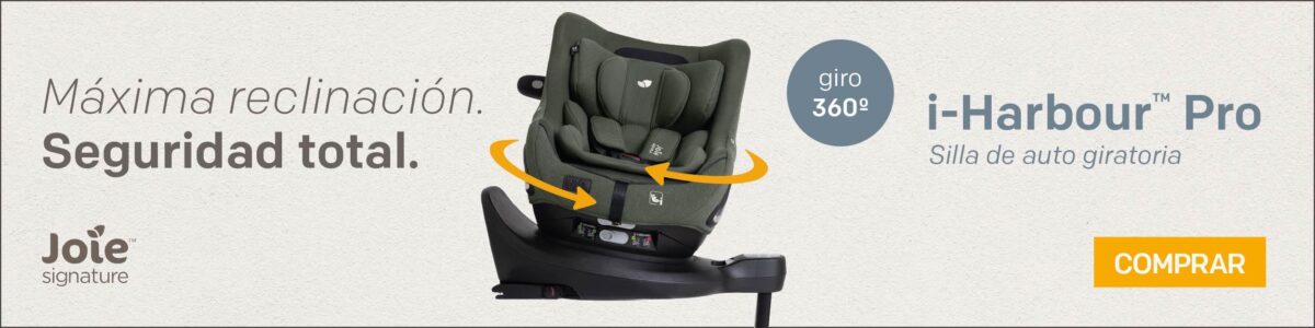 Silla de coche infantil Joie i-Harbour Pro de color verde oscuro, con giro de 360 grados y sistema de reclinación.